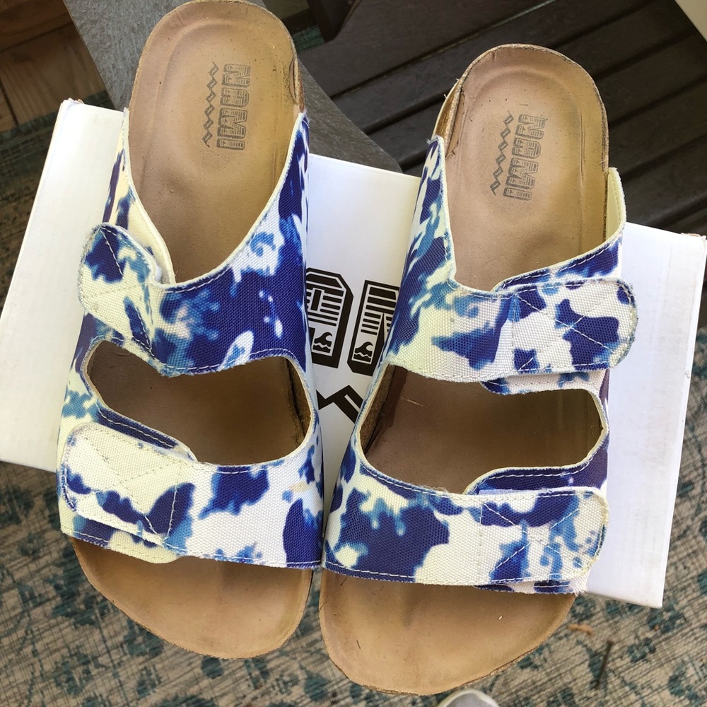 Blue and White slip on Sandals- size 10